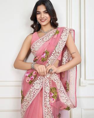 Mauve embroidered work saree with blouse piece 5