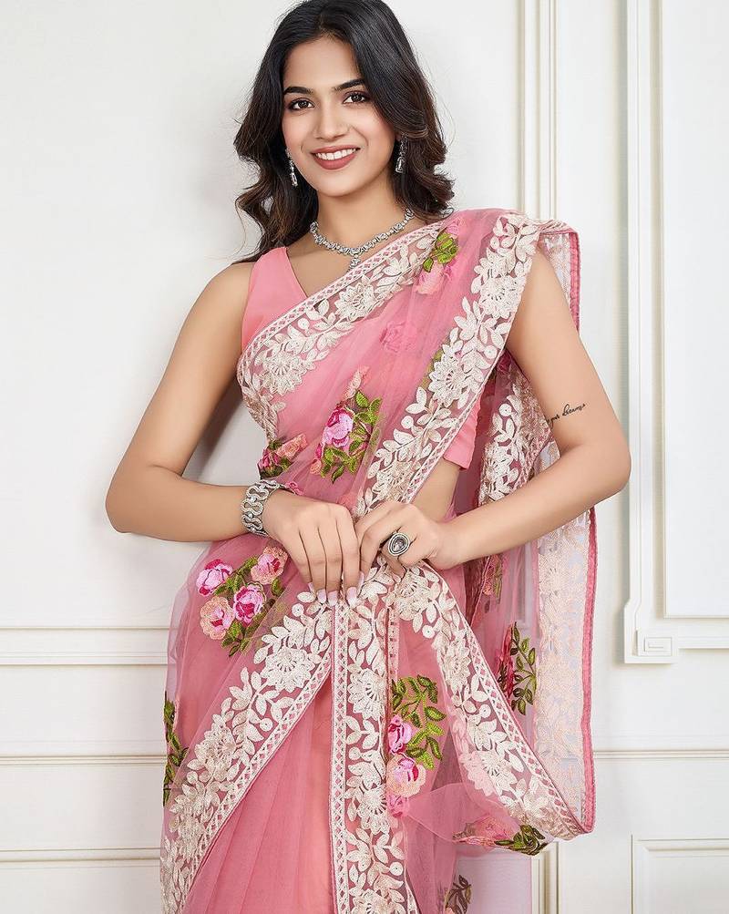 Mauve embroidered work saree with blouse piece