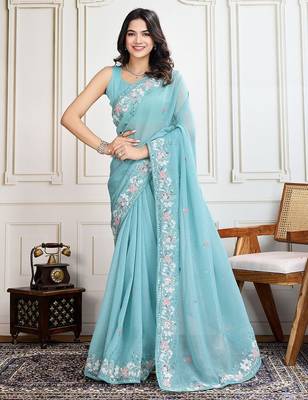 Turquoise embroidered saree with blouse 1