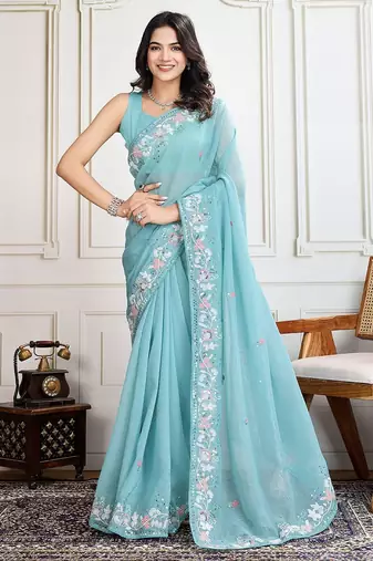 Turquoise embroidered saree with blouse