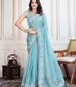 Turquoise embroidered saree with blouse
