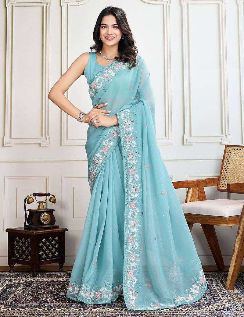 Turquoise embroidered saree with blouse