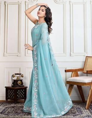 Turquoise embroidered saree with blouse 2