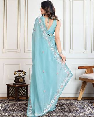 Turquoise embroidered saree with blouse 3