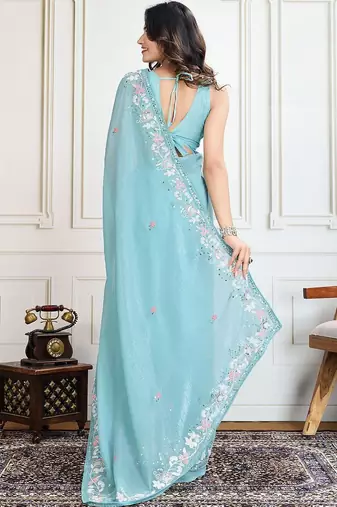 Turquoise embroidered saree with blouse