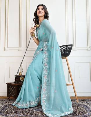 Turquoise embroidered saree with blouse 4