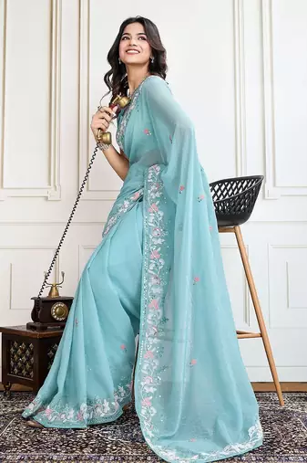 Turquoise embroidered saree with blouse