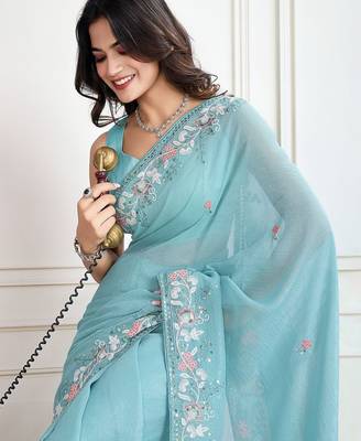 Turquoise embroidered saree with blouse 5
