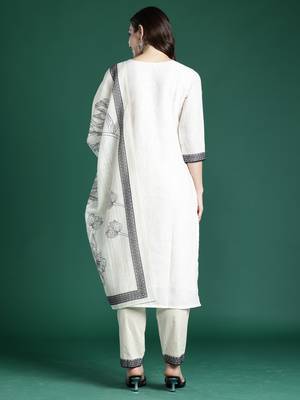 White printed linen kurta trouser dupatta set 2
