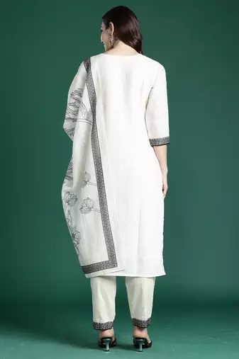White printed linen kurta trouser dupatta set