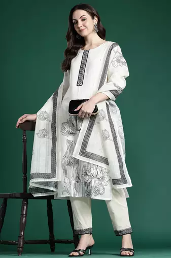 White printed linen kurta trouser dupatta set