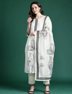 White printed linen kurta trouser dupatta set 4