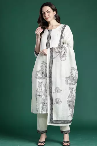 White printed linen kurta trouser dupatta set