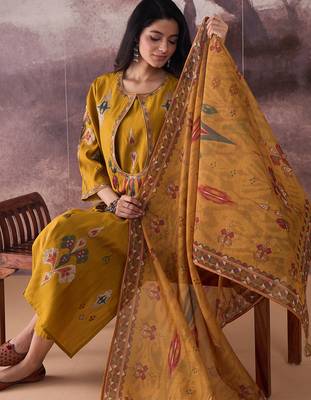 Mustard embroidered silk blend kurta trouser dupatta set 1