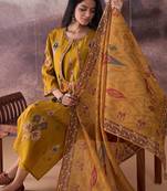 Mustard embroidered silk blend kurta trouser dupatta set