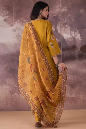 Mustard embroidered silk blend kurta trouser dupatta set