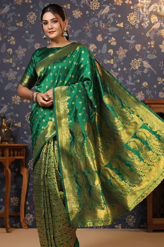 Green ethnic motif woven deisgn zari banarasi saree