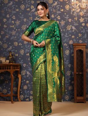 Green ethnic motif woven deisgn zari banarasi saree 2