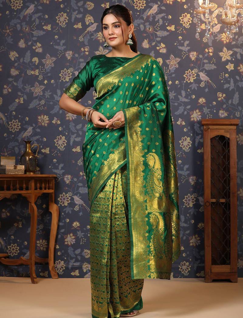 Green ethnic motif woven deisgn zari banarasi saree