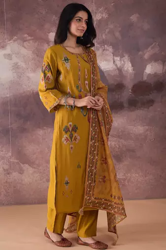 Mustard embroidered silk blend kurta trouser dupatta set