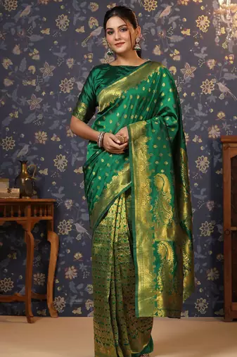 Green ethnic motif woven deisgn zari banarasi saree