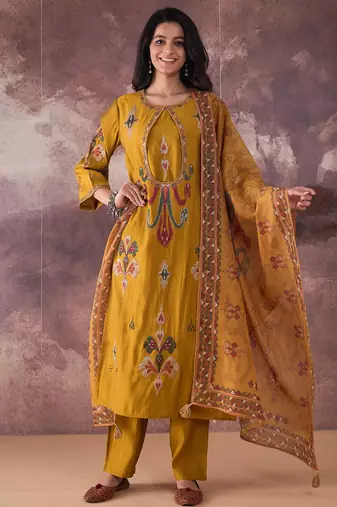 Mustard embroidered silk blend kurta trouser dupatta set