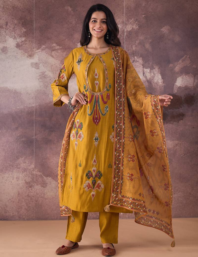 Mustard embroidered silk blend kurta trouser dupatta set