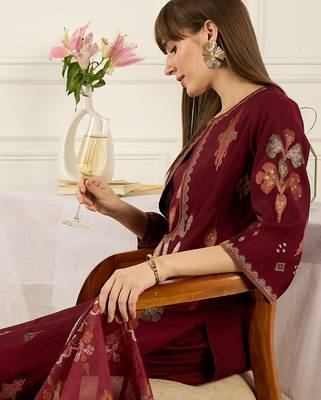 Maroon embroidered silk blend kurta trouser dupatta set 1