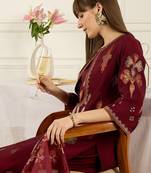 Maroon embroidered silk blend kurta trouser dupatta set