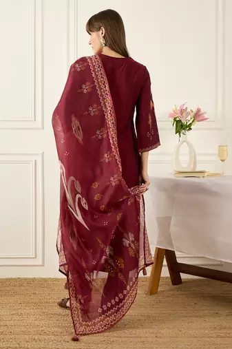 Maroon embroidered silk blend kurta trouser dupatta set