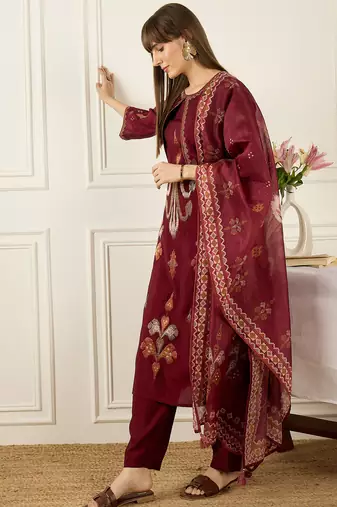 Maroon embroidered silk blend kurta trouser dupatta set