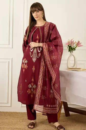 Maroon embroidered silk blend kurta trouser dupatta set