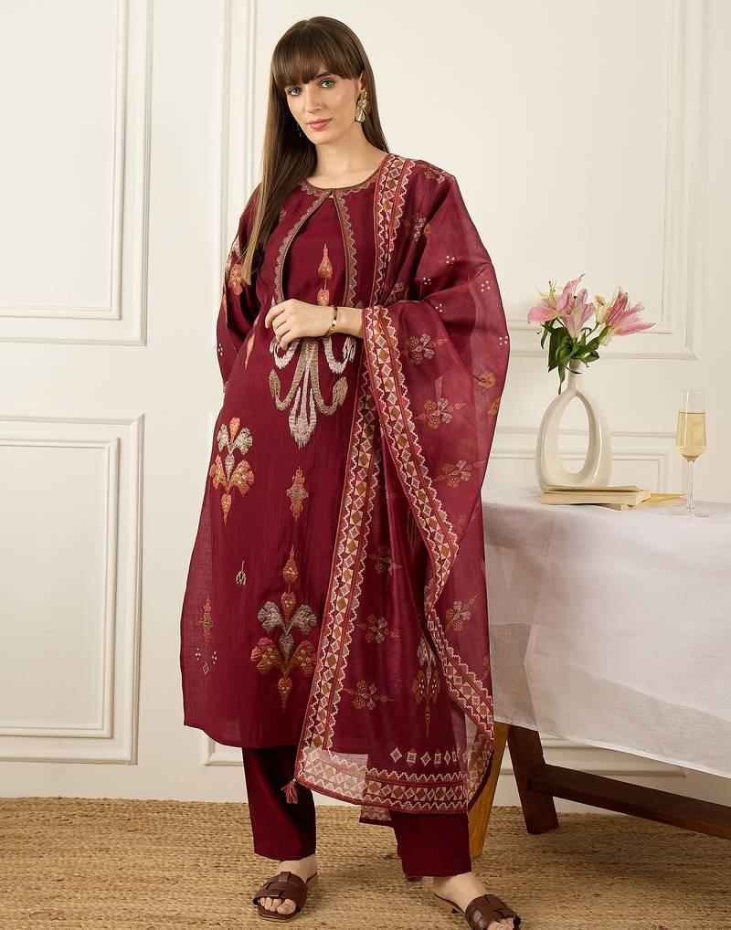 Maroon embroidered silk blend kurta trouser dupatta set
