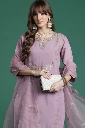 Pink embroidered silk blend kurta trouser dupatta set