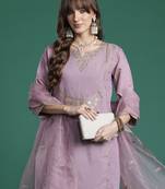 Pink embroidered silk blend kurta trouser dupatta set