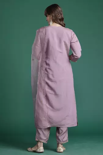 Pink embroidered silk blend kurta trouser dupatta set