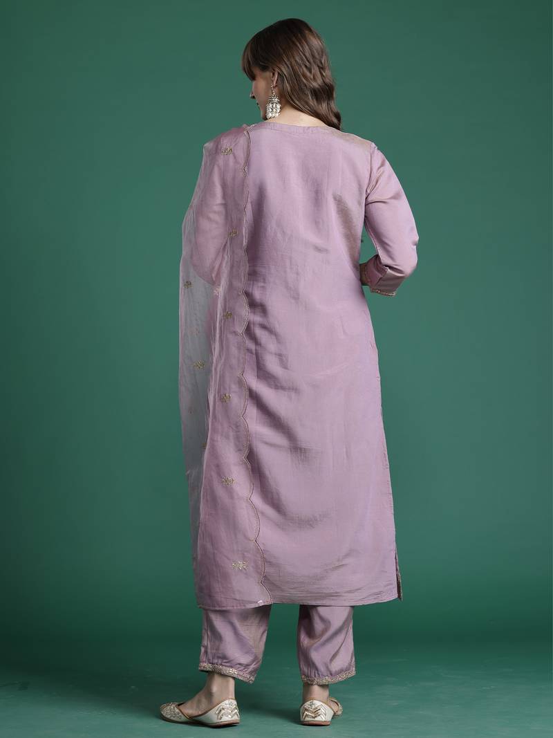Pink embroidered silk blend kurta trouser dupatta set