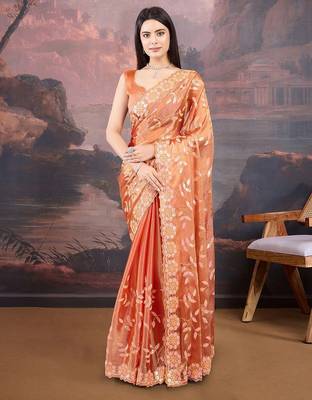 Orange floral embroidered saree 1