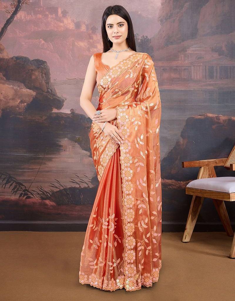 Orange floral embroidered saree