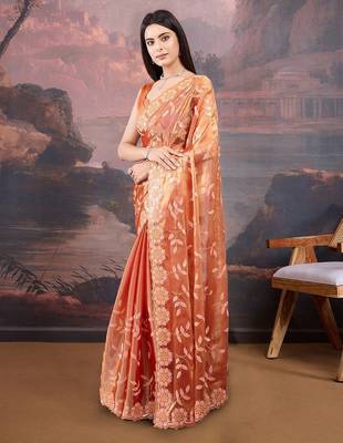 Orange floral embroidered saree 2