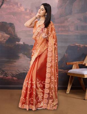 Orange floral embroidered saree 4