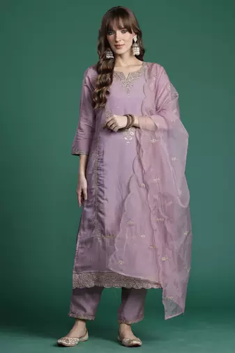 Pink embroidered silk blend kurta trouser dupatta set