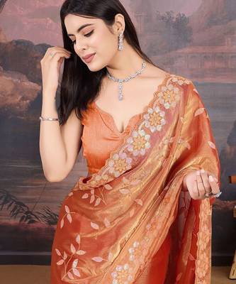 Orange floral embroidered saree 5