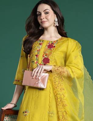 Mustard embroidered silk blend kurta trouser dupatta set 1