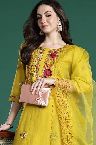 Mustard embroidered silk blend kurta trouser dupatta set