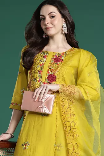 Mustard embroidered silk blend kurta trouser dupatta set