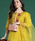 Mustard embroidered silk blend kurta trouser dupatta set