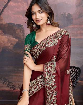 Maroon floral embroidered saree with blouse 1
