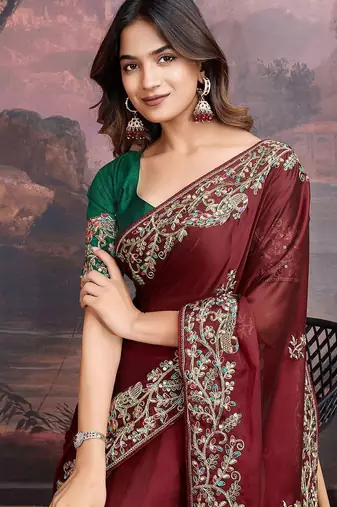 Maroon floral embroidered saree with blouse