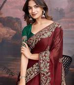 Maroon floral embroidered saree with blouse